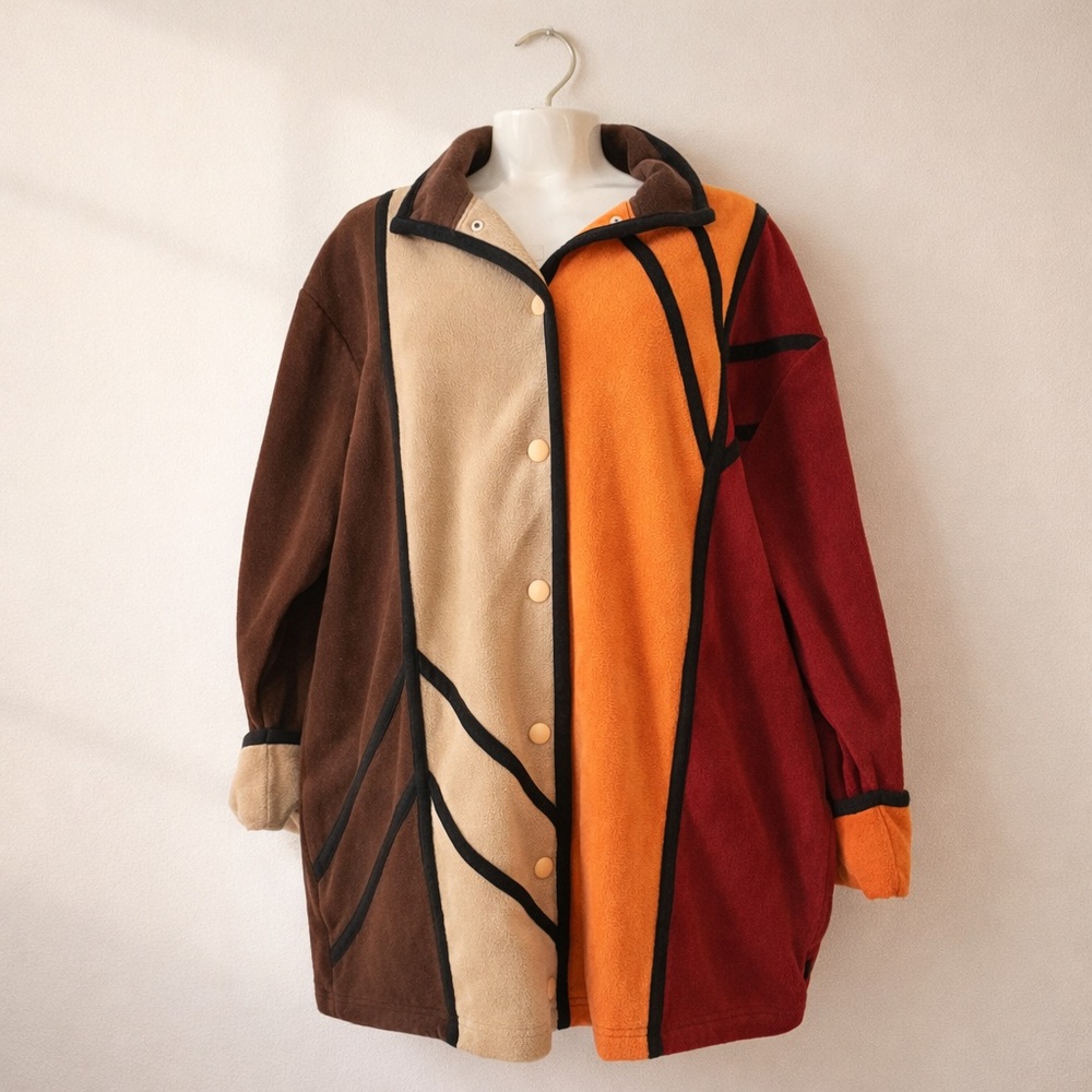 Susan Graver Colorblock Fleece Jacket Snap Front Oversized Multicolor Size L